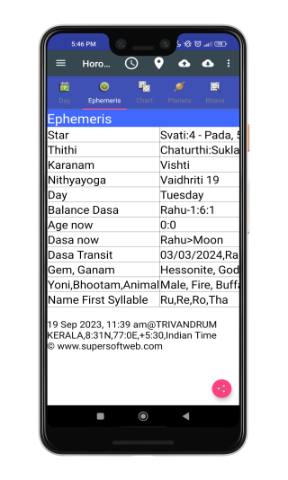 Ephemeris App Screen: Celestial Events and Astrological Data Information